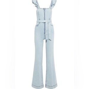Alice + Olivia Light Wash Denim Ruffle-Strap Jumpsuit